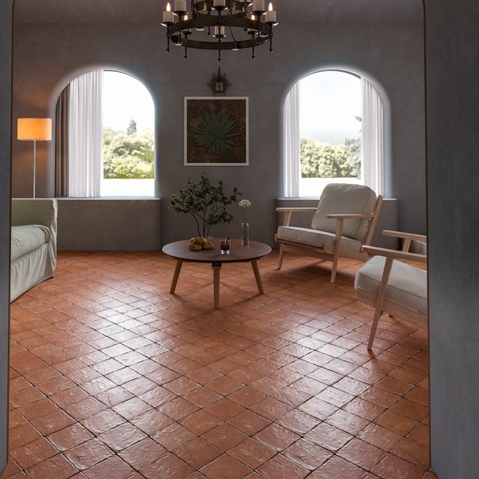 Modernes wohnzimmer mit terracotta fliesen